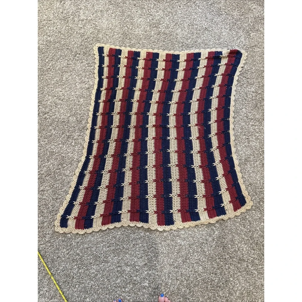 handmade crochet afghan / throw blanket 48x42 Blue Red Cream